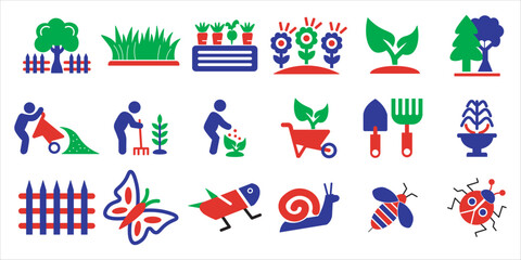 Fototapeta premium garden iconset bundle. plant, gardening, nature, leaf, sprout, seed, flower, tree and more. simple flat colored vector