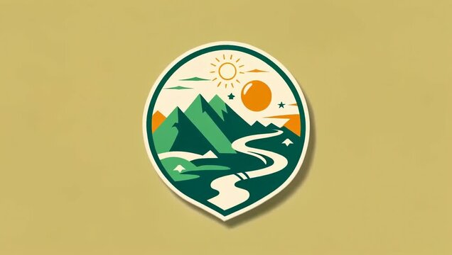 Mountain landscape travel badge with winding road and sun in a flat vector style for outdoor adventure and tourism branding.