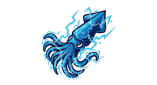 Dynamic illustration of an electric blue squid, surrounded by powerful lightning bolts, conveying intense energy and swift movement.