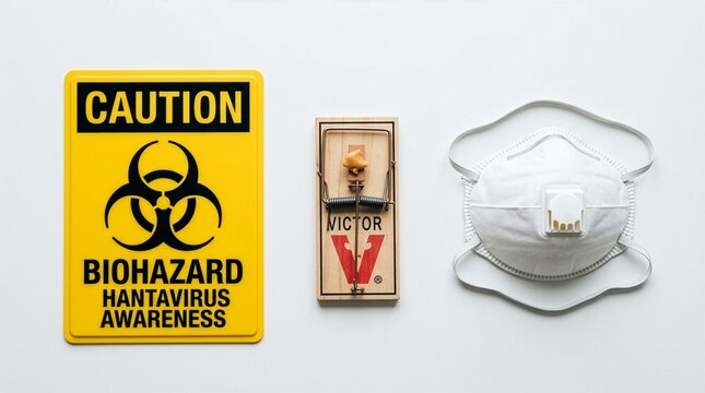 Hantavirus health hazard warning sign with wooden mousetrap and N95 respiratory masks on white background