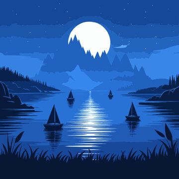 Blue monochrome vector illustration of a peaceful mountain valley and lake at dusk.