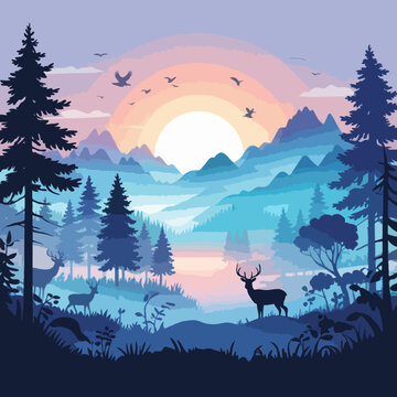 Serene sunrise landscape vector with deer silhouettes, majestic mountains, and pine forest.
