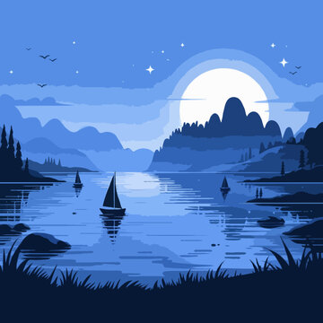 Minimalist nature concept: Blue misty mountains and sailboats on a reflective river.