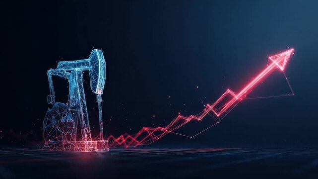Oil rig rising arrow of growing economic of oil market, illustrating the connection between energy production and market growth. ..Created with Generative AI, not depicting real subjects.