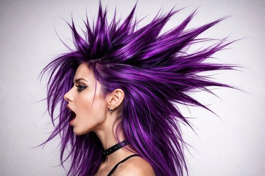 Portrait of a young woman with vibrant purple spiky punk hairstyle shouting in profile against a light background.