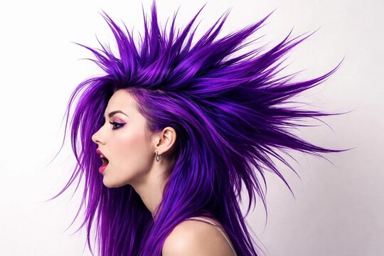 Young woman with vibrant purple spiky hair in a punk mohawk style posing in profile against a white background.