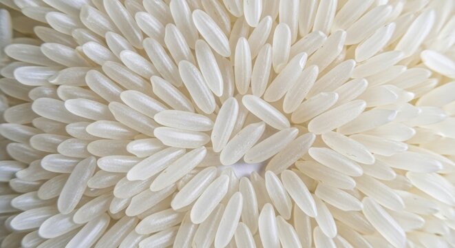 Extreme close-up of uncooked jasmine rice grains showcasing smooth textures and varying focal points with bright and clean lighting effects, scattering, fresh, pattern