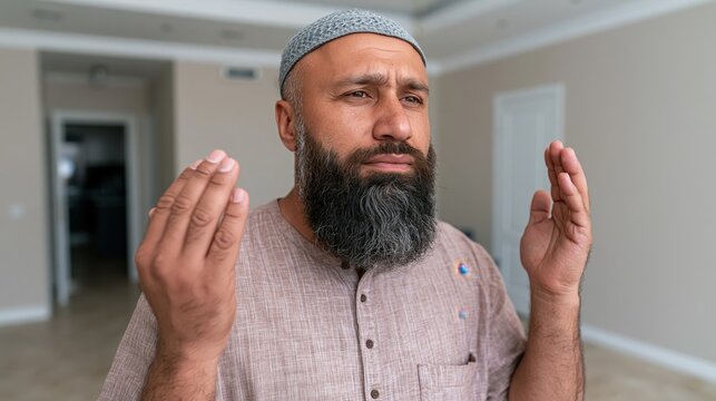 Faithful man performing dua with open palms while praying in quiet domestic interior.