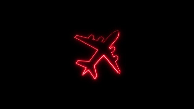 Neon airplane icon animation on black background. aircraft flight,neon circle line animation. glowing neon line simple rocket icon .red color,