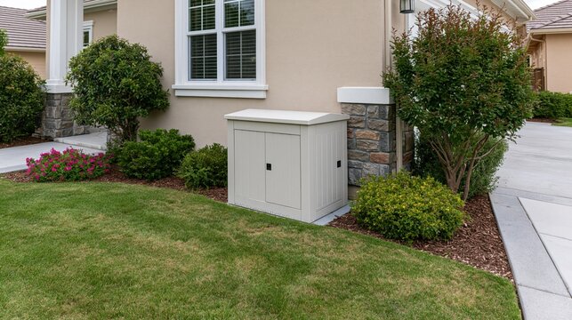Modern standby home generator installed on a concrete pad outside a residential house for emergency power supply.