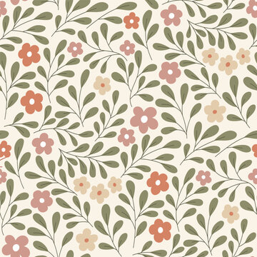 Soft floral seamless pattern with delicate leaves and flowers in earthy pastel tones.