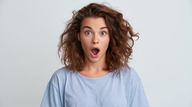 Stunned female model reacting with disbelief and a broad gasp against a neutral studio background.