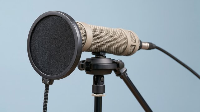 Condenser microphone with pop filter on adjustable arm ready for radio broadcasting or voiceover session.