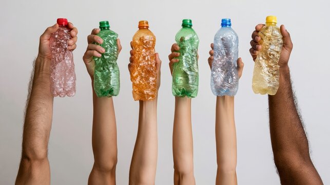 Mutilated plastic water bottles held by various people as a concept for ecological awareness and waste reduction.