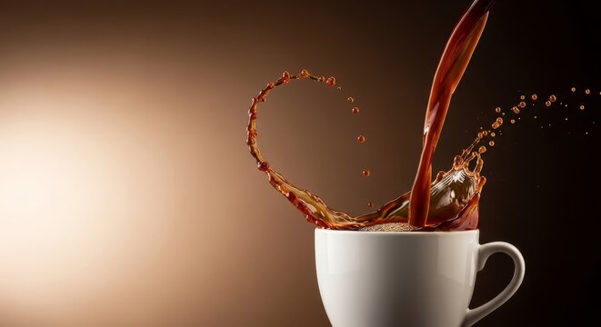 A stream of rich dark coffee pours into a white ceramic mug, creating a dramatic dynamic splash with tiny droplets frozen in mid-air, morning, hot, java