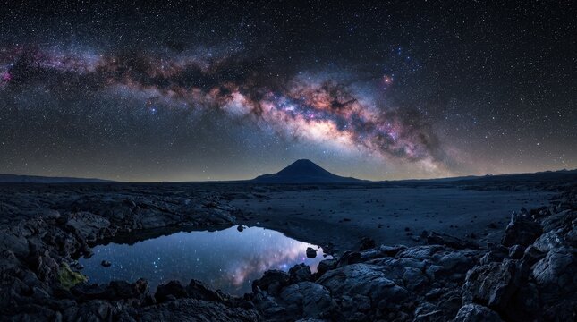 A panoramic night scene showcasing the Milky Way galaxy stretching across a dark sky above a volcanic mountain and a reflective water surface.