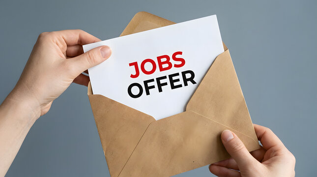 Hands holding envelope with job offer letter inside on gray background