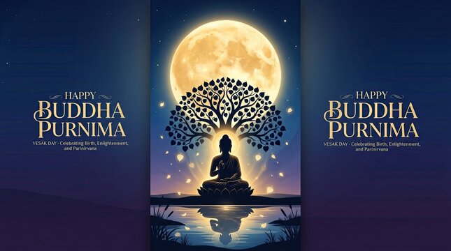 Happy Buddha Purnima greeting card, silhouette of meditating Buddha under Bodhi tree, full moon night background with spiritual light