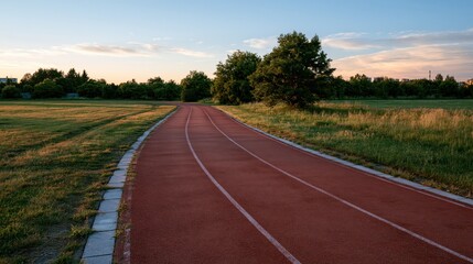 Fototapeta premium Empty red synthetic running track curves through a lush green field under a warm sunset sky.