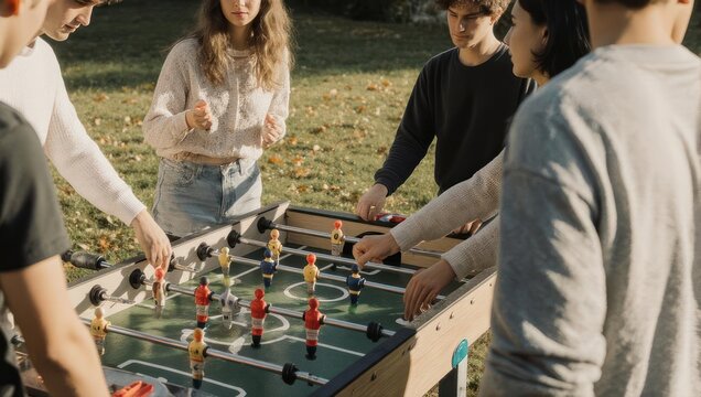 Friends gather outdoors, engrossed in a foosball game on a sunny day