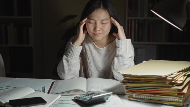 Young woman studying with open book, calculator and stacked folders, resting head on hand and rubbing temples in building; late night fatigue.