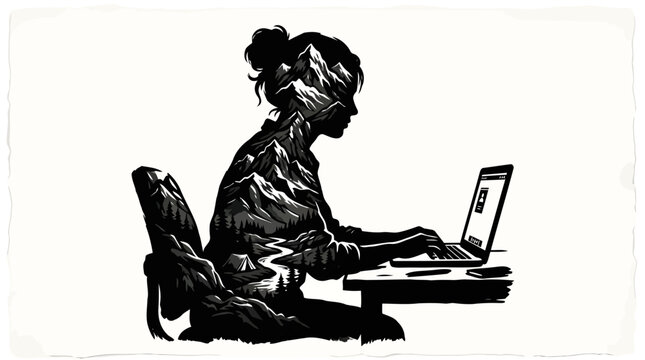 Black silhouette of a woman working on laptop, office worker illustration, businesswoman icon, monochrome