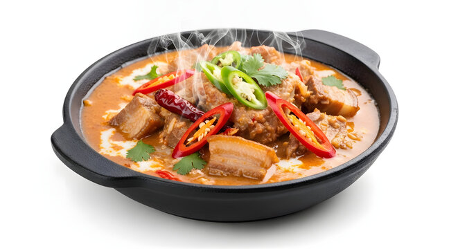 Authentic Filipino Bicol Express, a spicy pork stew with coconut milk and chili peppers, isolated on a white background