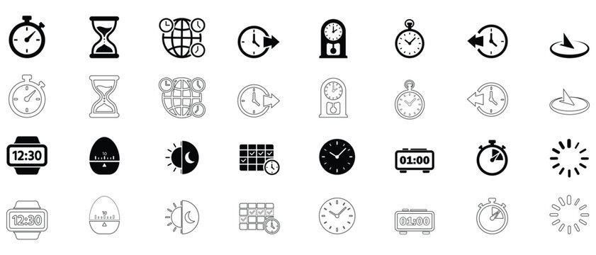 Set of time and clock icons for schedule management vector illustration black and white.