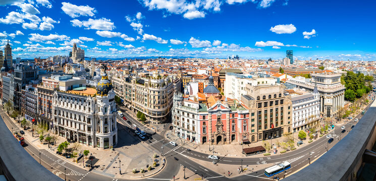Madrid, Spain. Gran Via and Madrid historic city center architecture panoramic view
