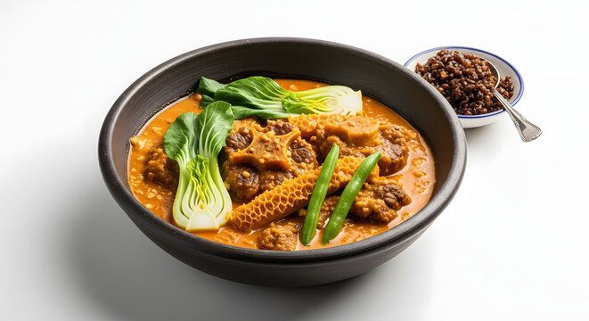 Authentic Filipino Kare-kare, an oxtail and peanut sauce stew with vegetables and shrimp paste, isolated on white