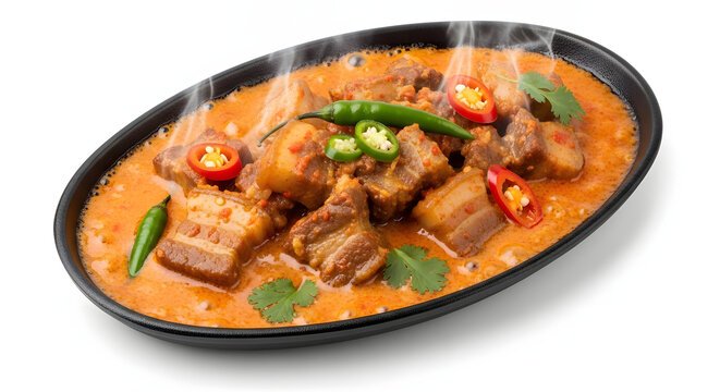 Authentic Filipino Bicol Express, a spicy pork stew with coconut milk and chili peppers, isolated on a white background