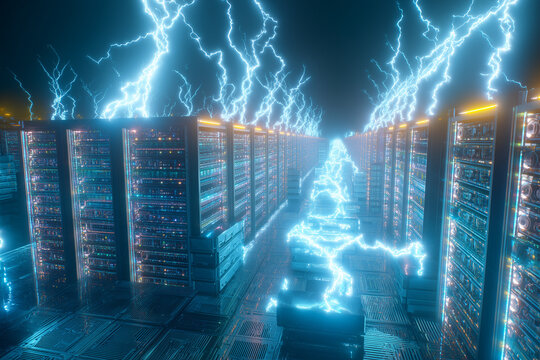 Cryptocurrency mining consuming massive electricity, glowing server farms, energy shortages, futuristic digital economy concept