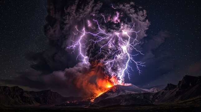 A powerful volcanic eruption at night, illuminated by dramatic purple lightning bolts striking the ash cloud against a dark mountainous landscape.