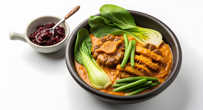 Authentic Filipino Kare-kare, an oxtail and peanut sauce stew with vegetables and shrimp paste, isolated on white