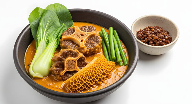 Authentic Filipino Kare-kare, an oxtail and peanut sauce stew with vegetables and shrimp paste, isolated on white