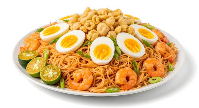 Authentic Filipino Pancit Palabok, rice noodles with an orange shrimp sauce and rich toppings, isolated on a pure white background
