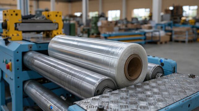 Industrial machine rollers processing transparent plastic film in a modern manufacturing plant.