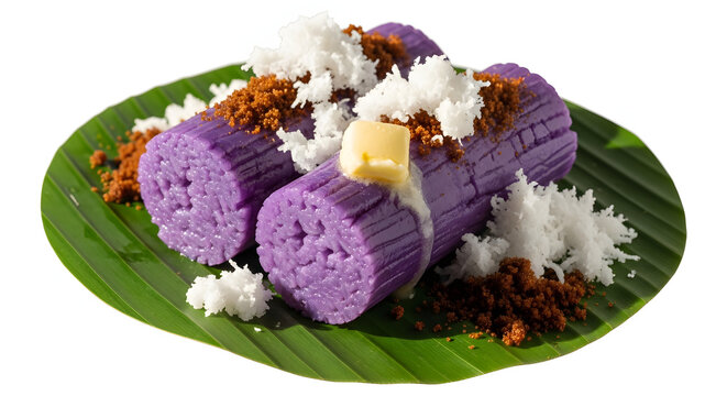 Authentic Filipino Puto Bumbong, steamed purple rice cakes with coconut and muscovado sugar, isolated on a white background
