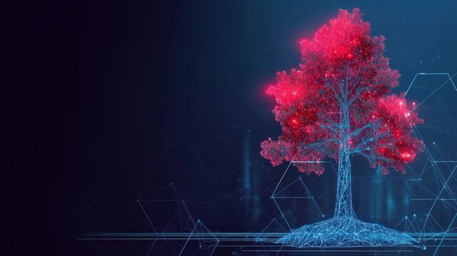 A glowing digital tree, roots grounded in a geometric network, representing technology and nature fusion. ..Created with Generative AI, not depicting real subjects.