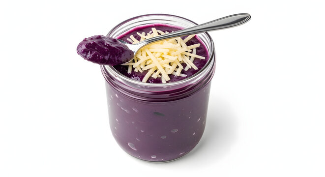 Authentic Filipino Ube Halaya, a rich purple yam jam with cheese shavings in a jar, isolated on a white background