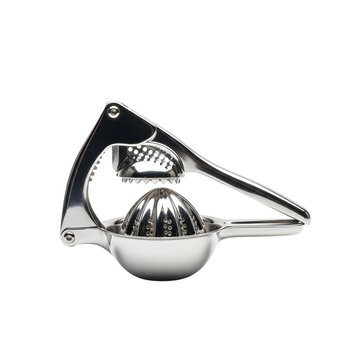 Stainless steel manual citrus juicer squeezing lemon isolated on transparent background