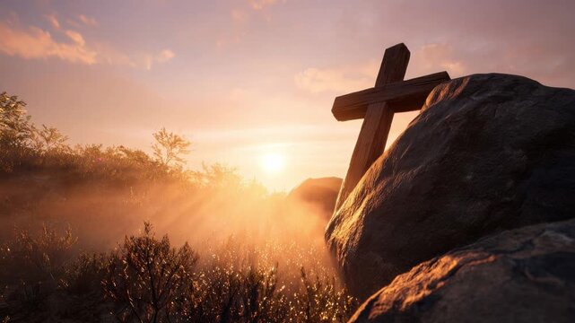 A solitary cross stands silhouetted against a radiant sunrise, evoking a sense of hope, faith, and spiritual reflection. ..Created with Generative AI, not depicting real subjects.