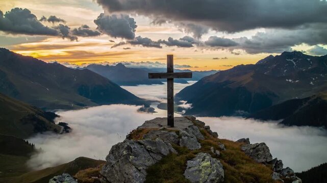 A symbolic cross stands steadfast atop a rugged mountain peak, with a sweeping panoramic view of a cloudy valley, where the sun sets. ..Created with Generative AI, not depicting real subjects.
