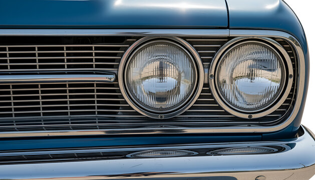 Close-up of a vintage classic car front grille and round chrome headlights