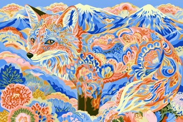 Fototapeta premium Vibrant Psychedelic Fox Illustration with Intricate Patterns and Mount