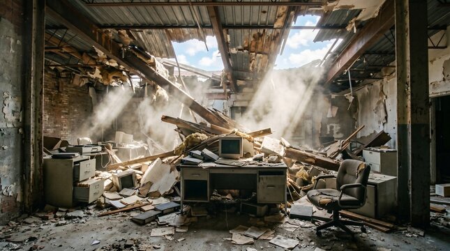Destroyed office interior with sunlight beams through a collapsed roof