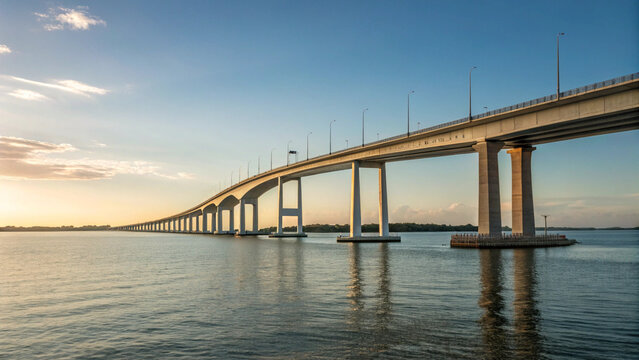 Sunset view of a long bridge over water