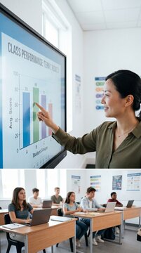 An educator engaging with her students in a modern classroom setting, using a digital display to visually represent key data while encouraging learning.