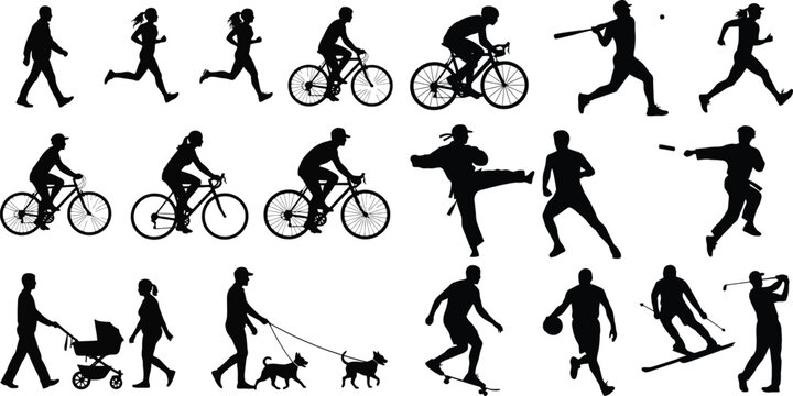 Set of black silhouettes of people doing sports and daily activities