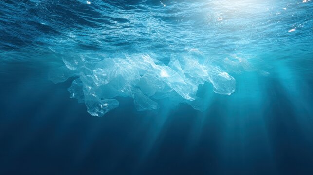Plastic waste floating in ocean water with sunlight rays, pollution awareness, sstkgreen